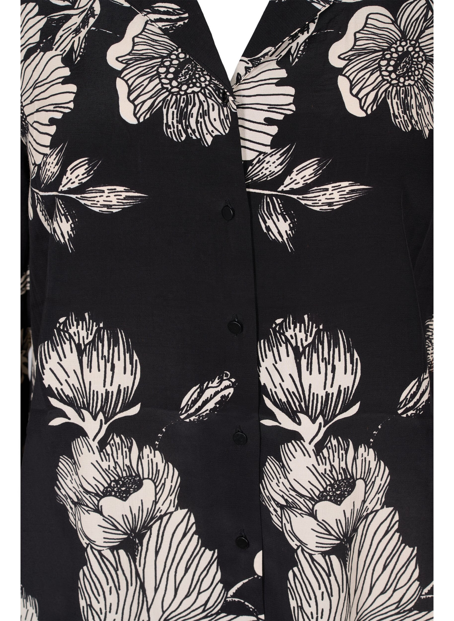 Zizzifashion Long floral viscose shirt, Black White AOP, Packshot image number 2