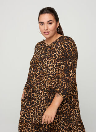 Viscose leopard print midid dress with 3/4 length sleeves, Raw Umber AOP, Model image number 2