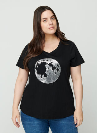 Cotton t-shirt with sequins, Black, Model image number 0