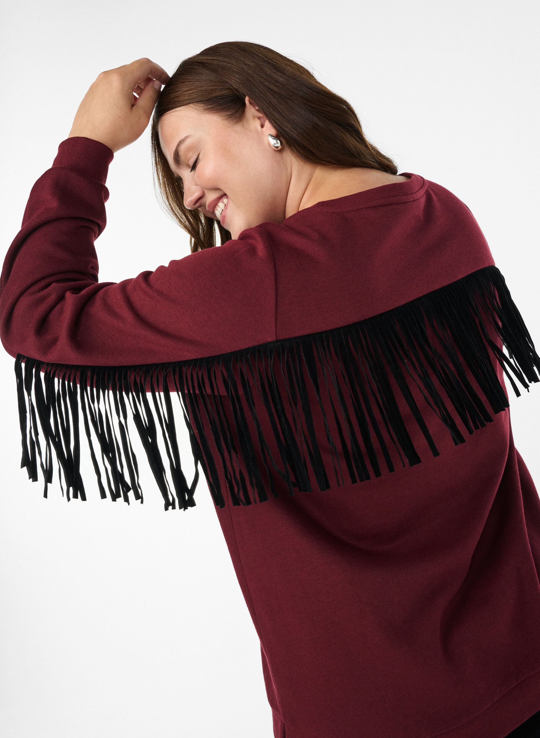 Zizzifashion Sweatshirt with fringes, Dark Bordeaux, Model image number 3
