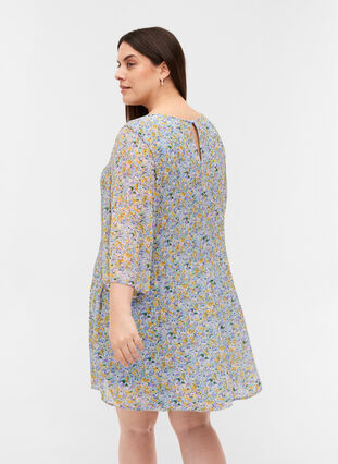 Pleated tunic with floral print and 3/4 sleeves, Purple Yellow AOP, Model image number 1