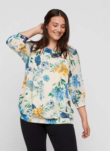 Floral blouse with 3/4 sleeves and smock detail, AOP Flower, Model image number 0