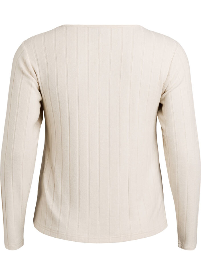 Jersey blouse with a square neck and ribbed texture, Beige, Packshot image number 1