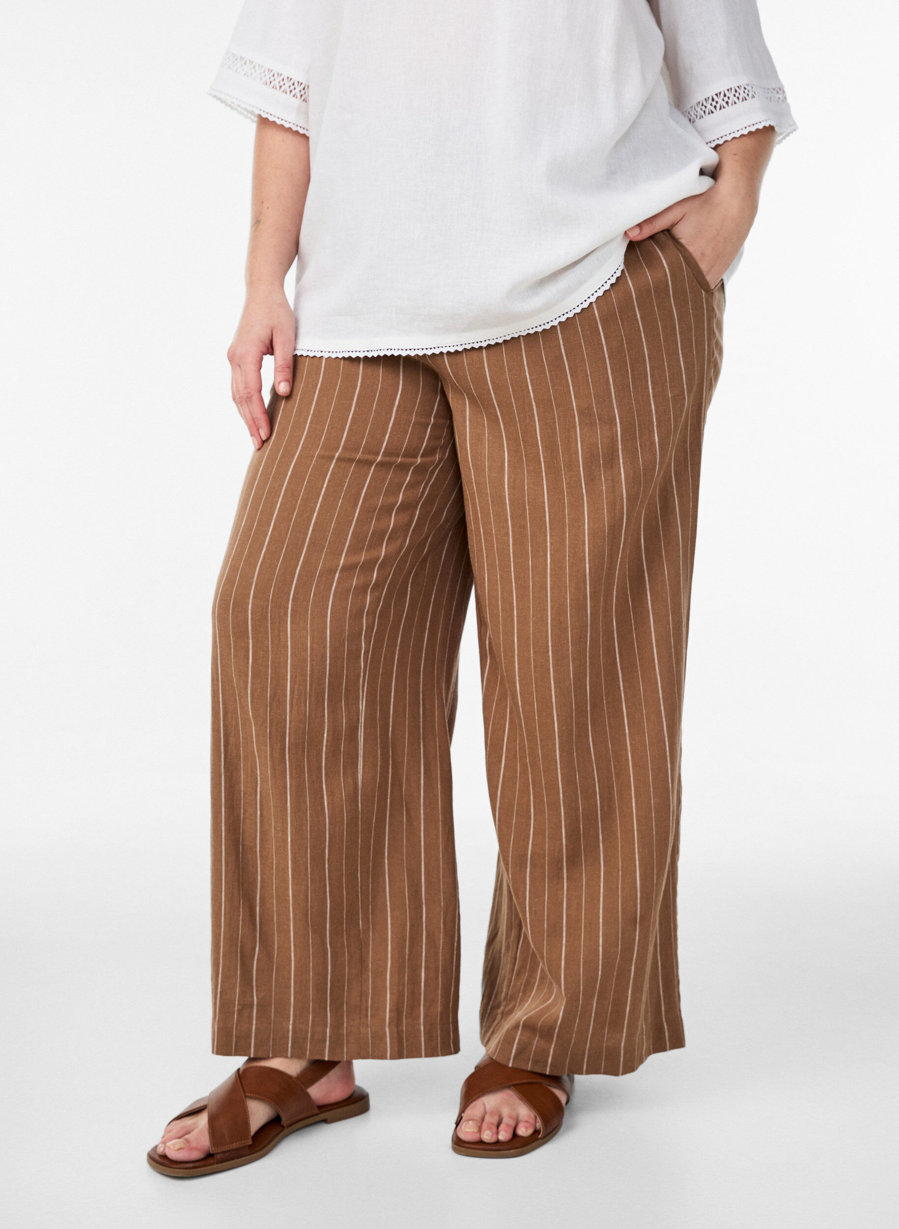 Zizzifashion Wide-leg linen and viscose trousers, Brown, Model image number 2