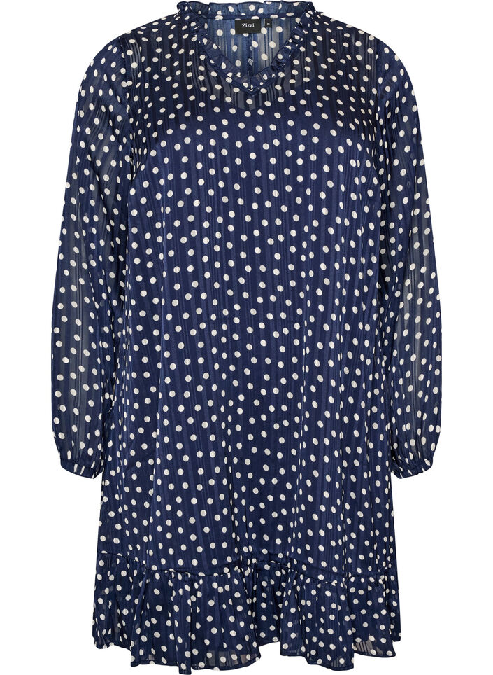 Patterned dress with ruffles and long sleeves, Blue, Packshot image number 0