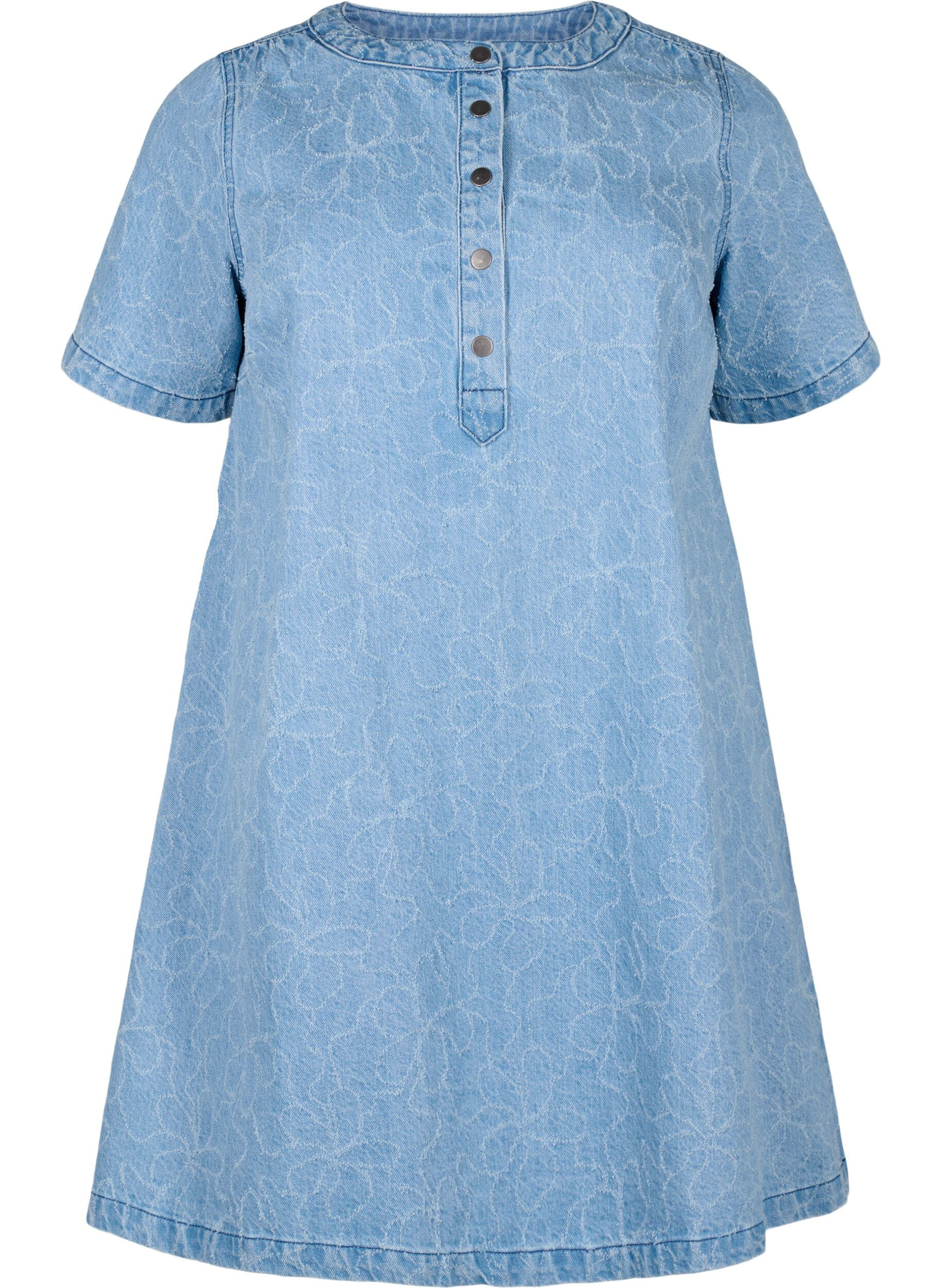 Short denim dress with an A-line cut and floral pattern