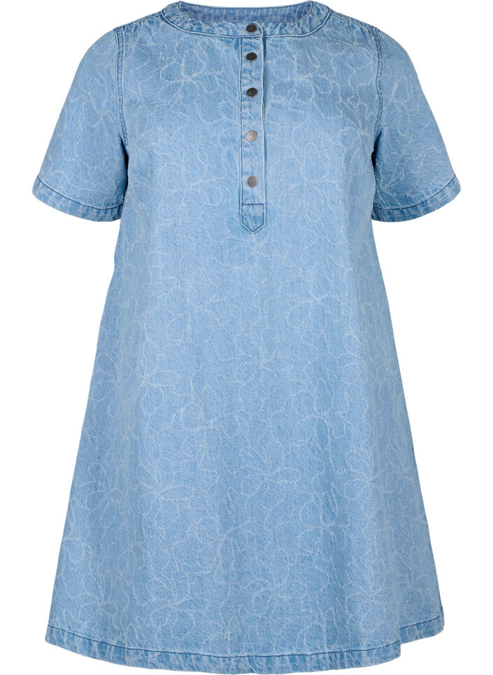 Short denim dress with an A-line cut and floral pattern, Light Blue, Packshot image number 0