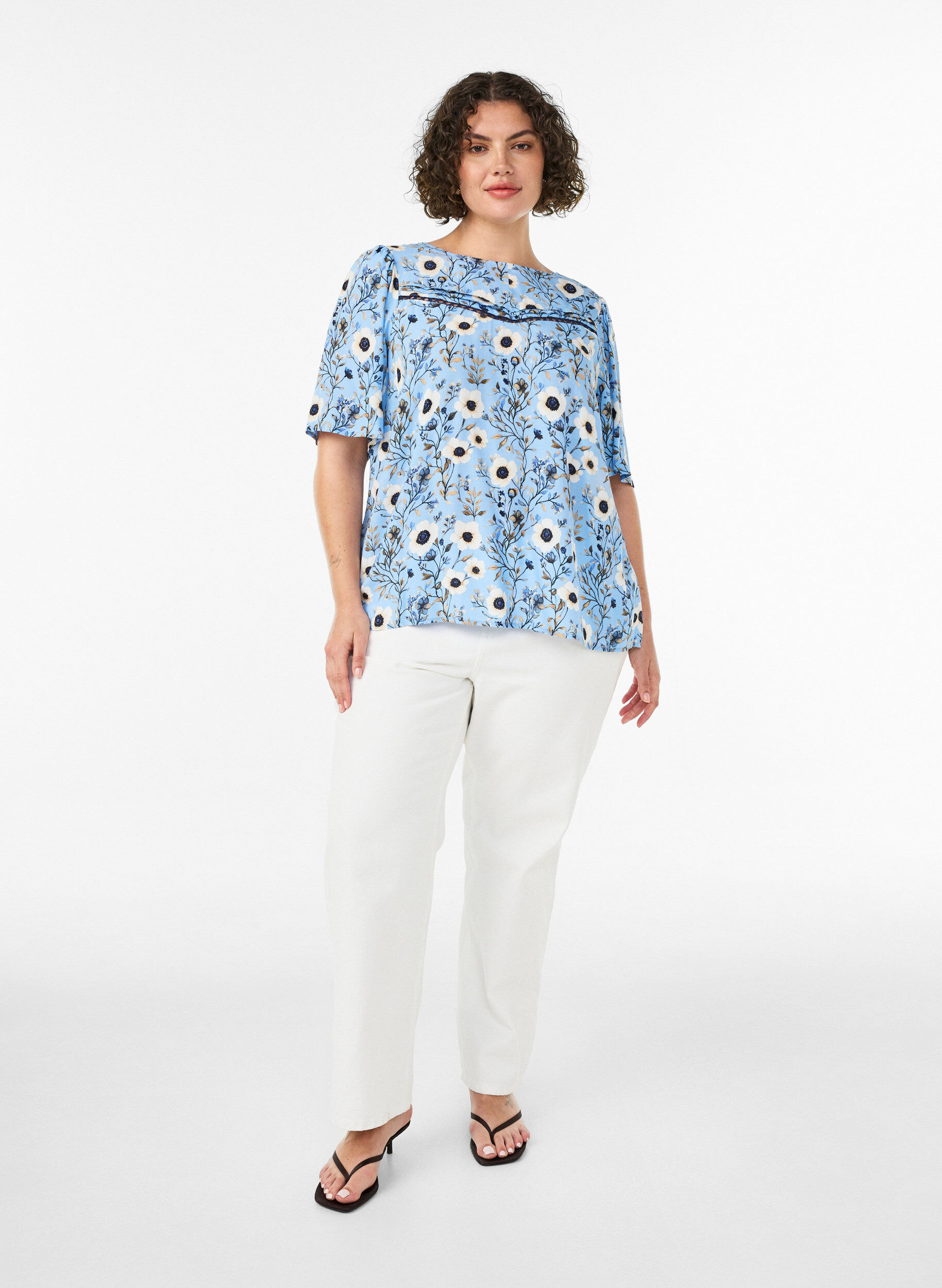 ZizzifashionFloral blouse with short sleeves, Blue, Model image number 1