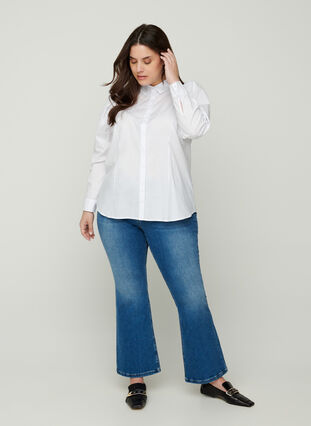 Cotton shirt with puff sleeves, Bright White, Model image number 3