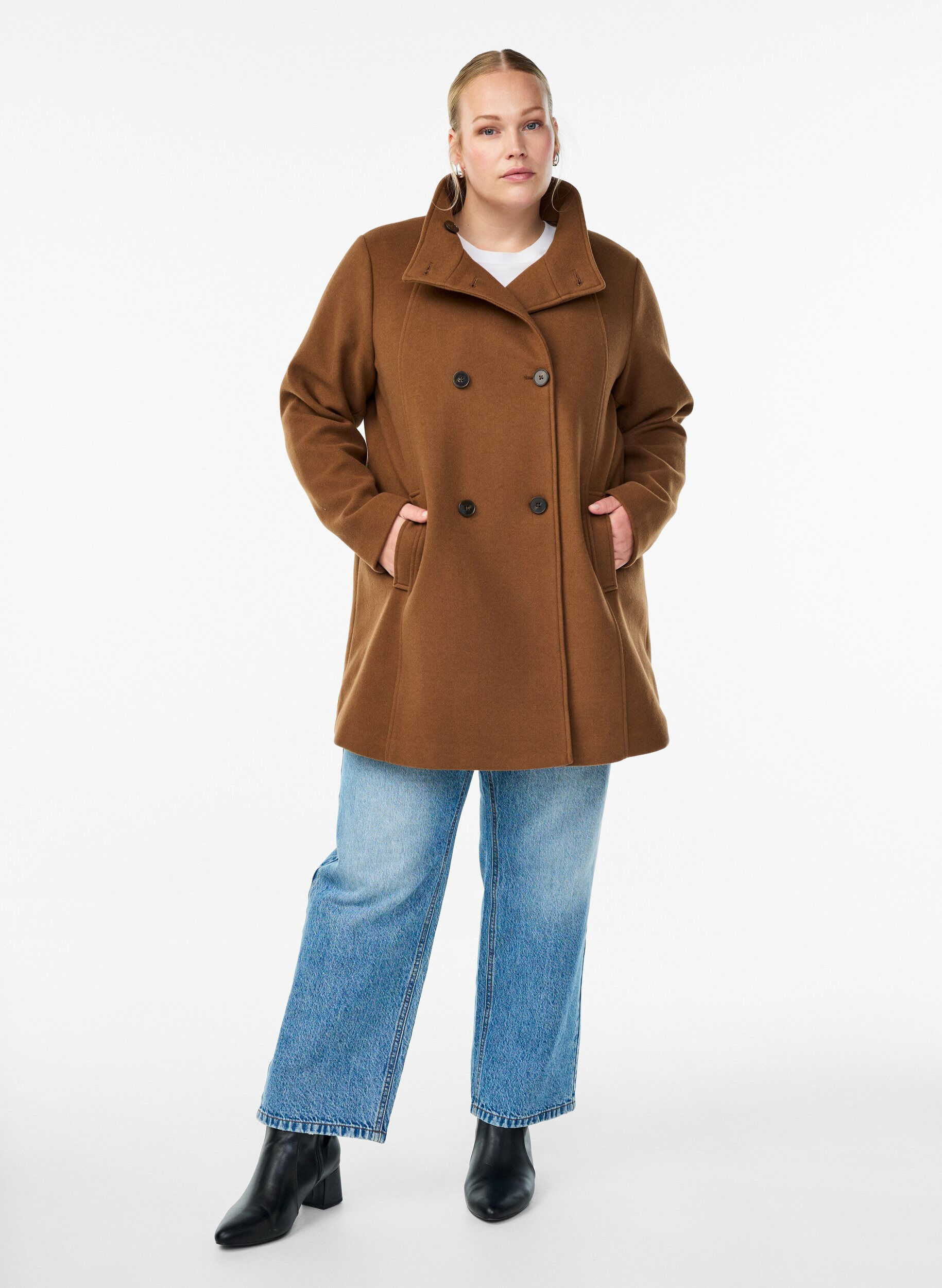 ZizzifashionShort coat with A-line shape, Brown, Model image number 1