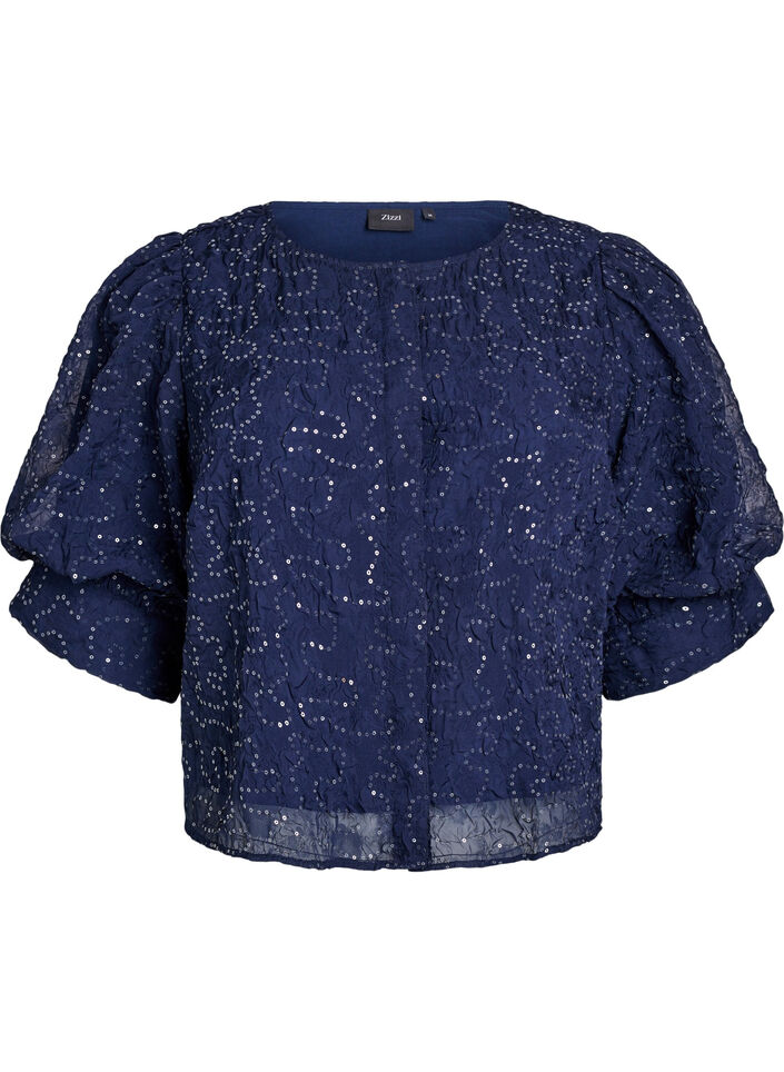 Party blouse with sequins and 1/2 sleeves, Blue, Packshot image number 0