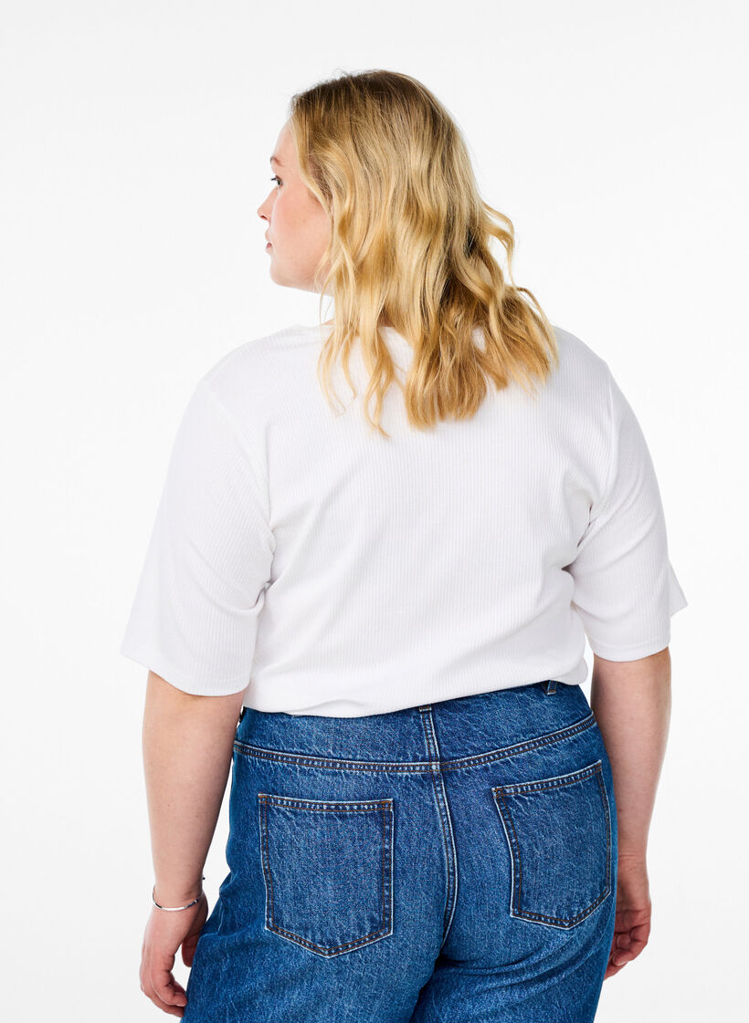 Ribbed jersey blouse with short sleeves, White, Model image number 2