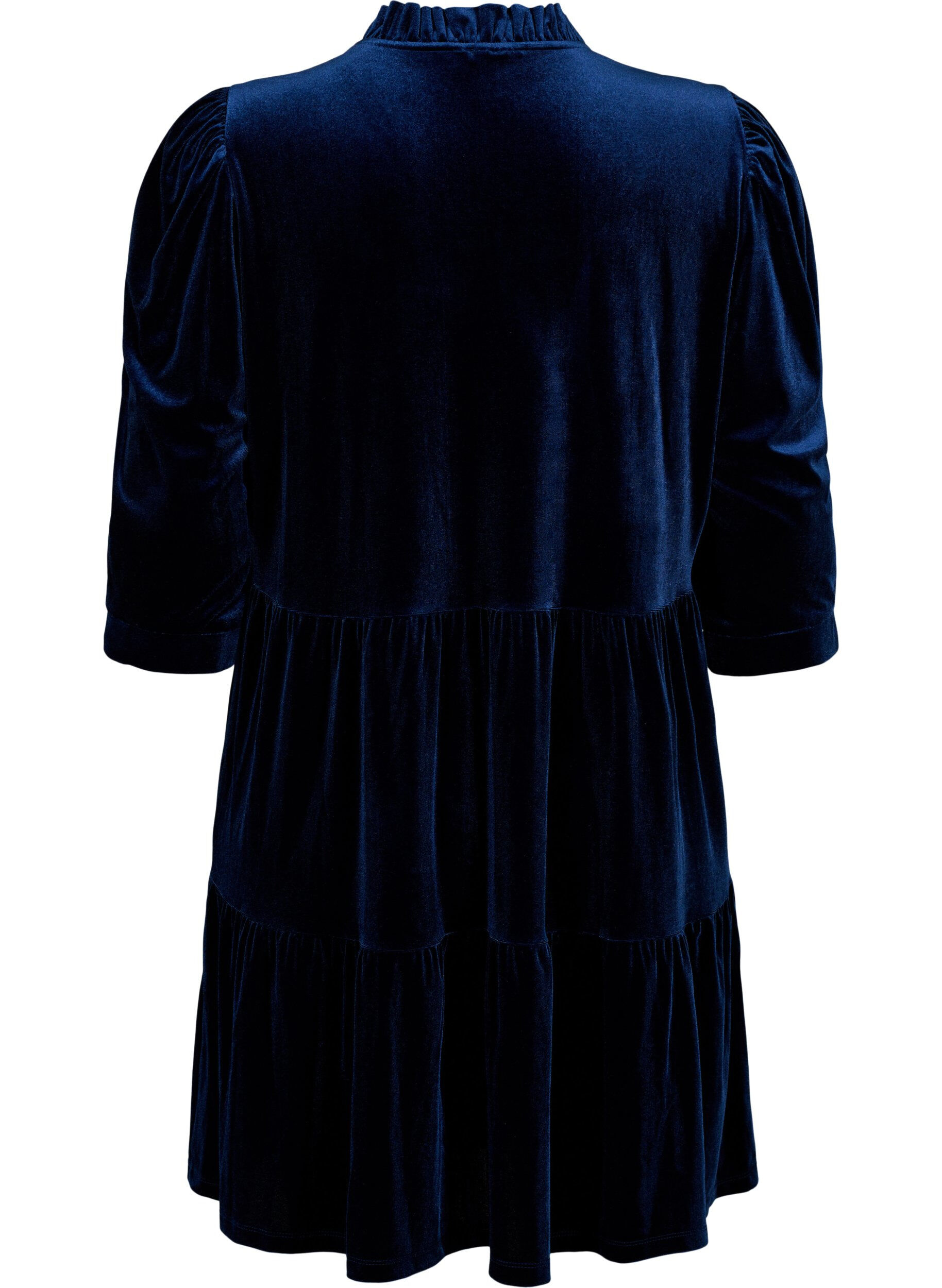 Zizzifashion Velour dress with ruffle collar and 3/4 sleeves, Navy Blazer, Packshot image number 1