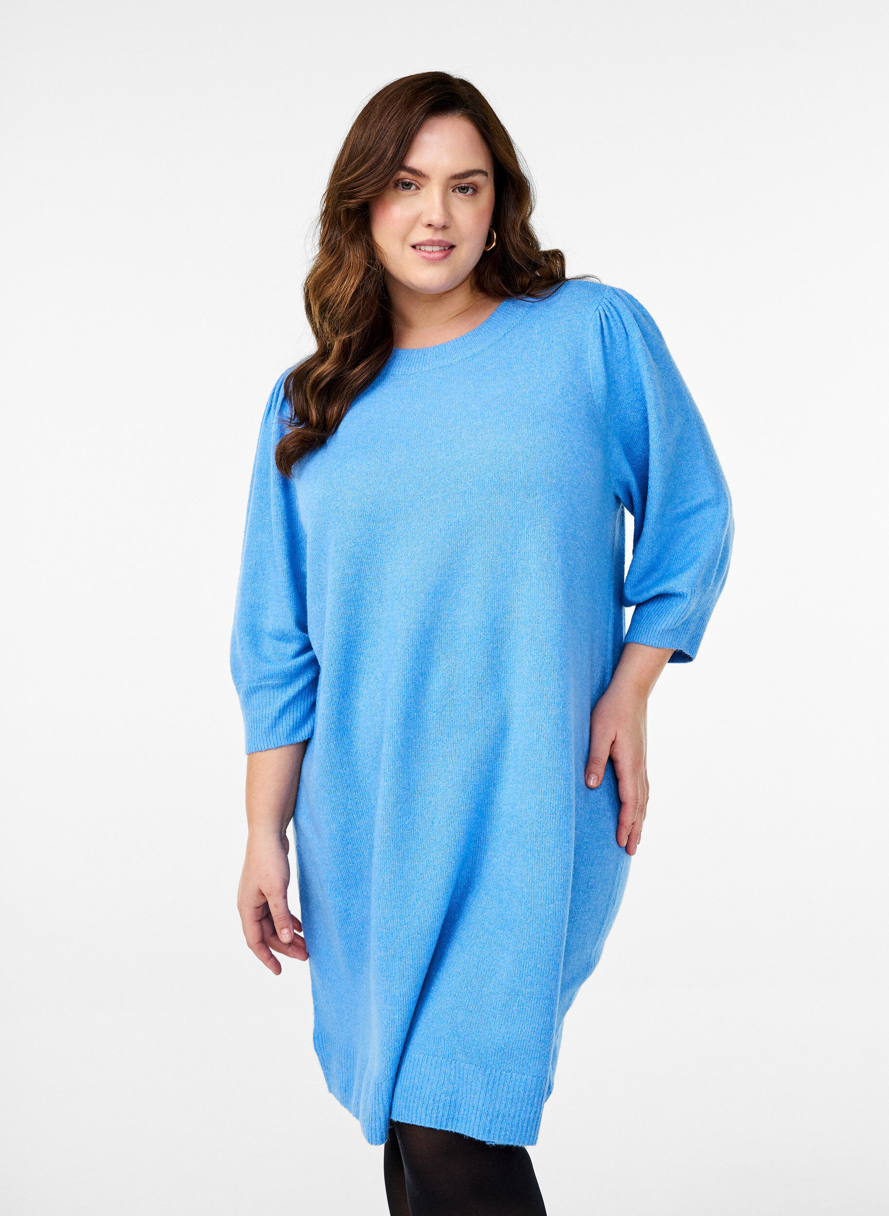 Zizzifashion Knitted dress with 3/4 sleeves and a round neck, D.R. Blue White Mel., Model image number 0