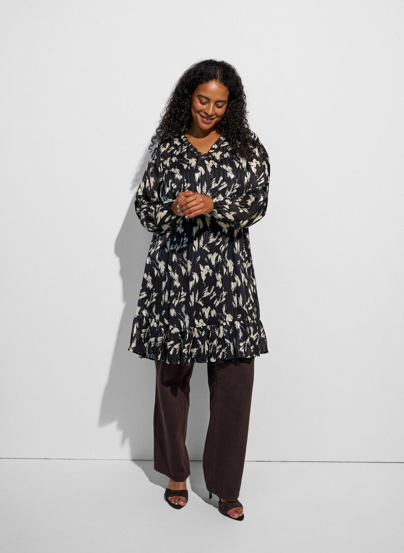 Patterned dress with ruffles and long sleeves, Black, Model image number 1