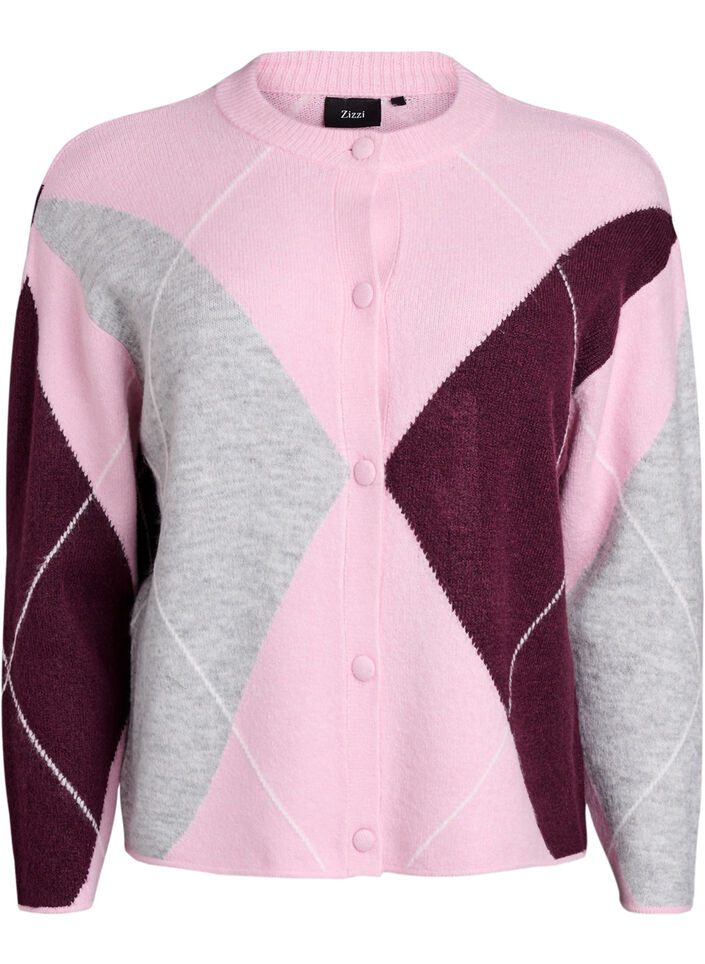 Cardigan with argyle pattern and round neck, Rose, Packshot image number 0