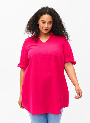 Short-sleeved cotton blend tunic with linen, Bright Rose, Model image number 0