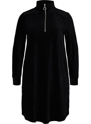 High neck velour dress with a zip, Black, Packshot image number 0