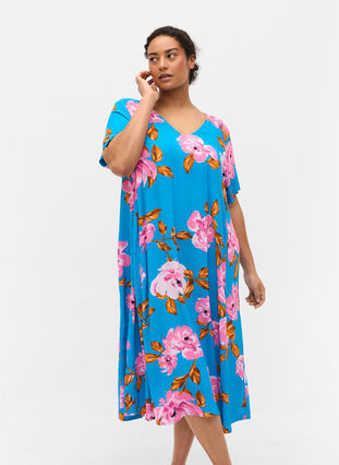 Floral viscose midi dress, Blue Pink Flower, Model image number 0