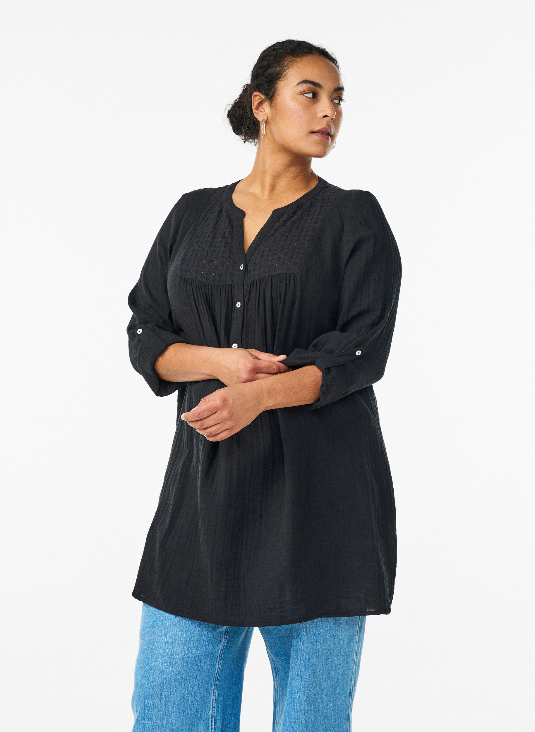 Zizzifashion Cotton muslin tunic with broderie anglaise, Black, Model image number 0