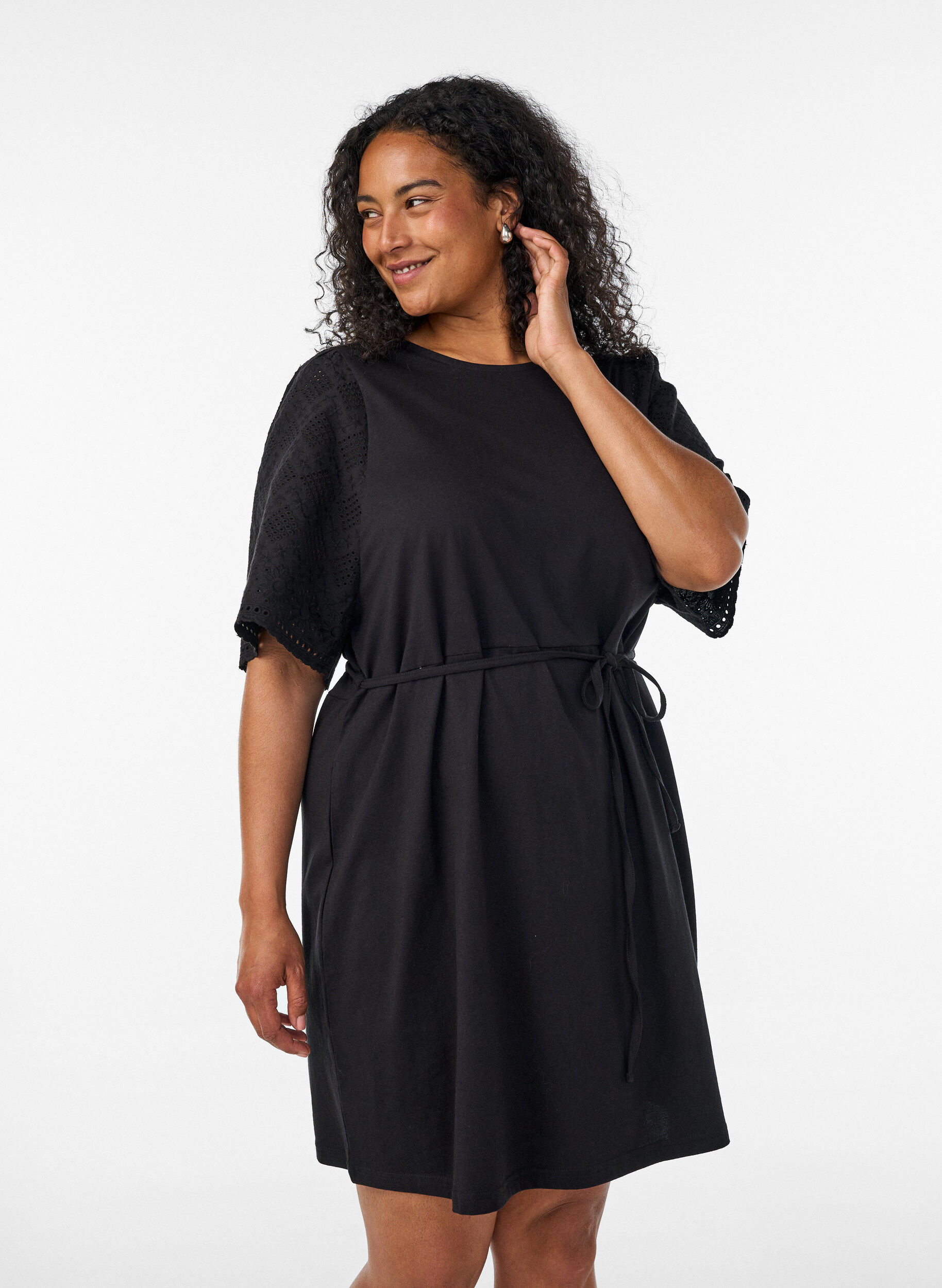 Zizzifashion Cotton dress with broderie anglaise sleeves and a tie-waist, Black, Model image number 0