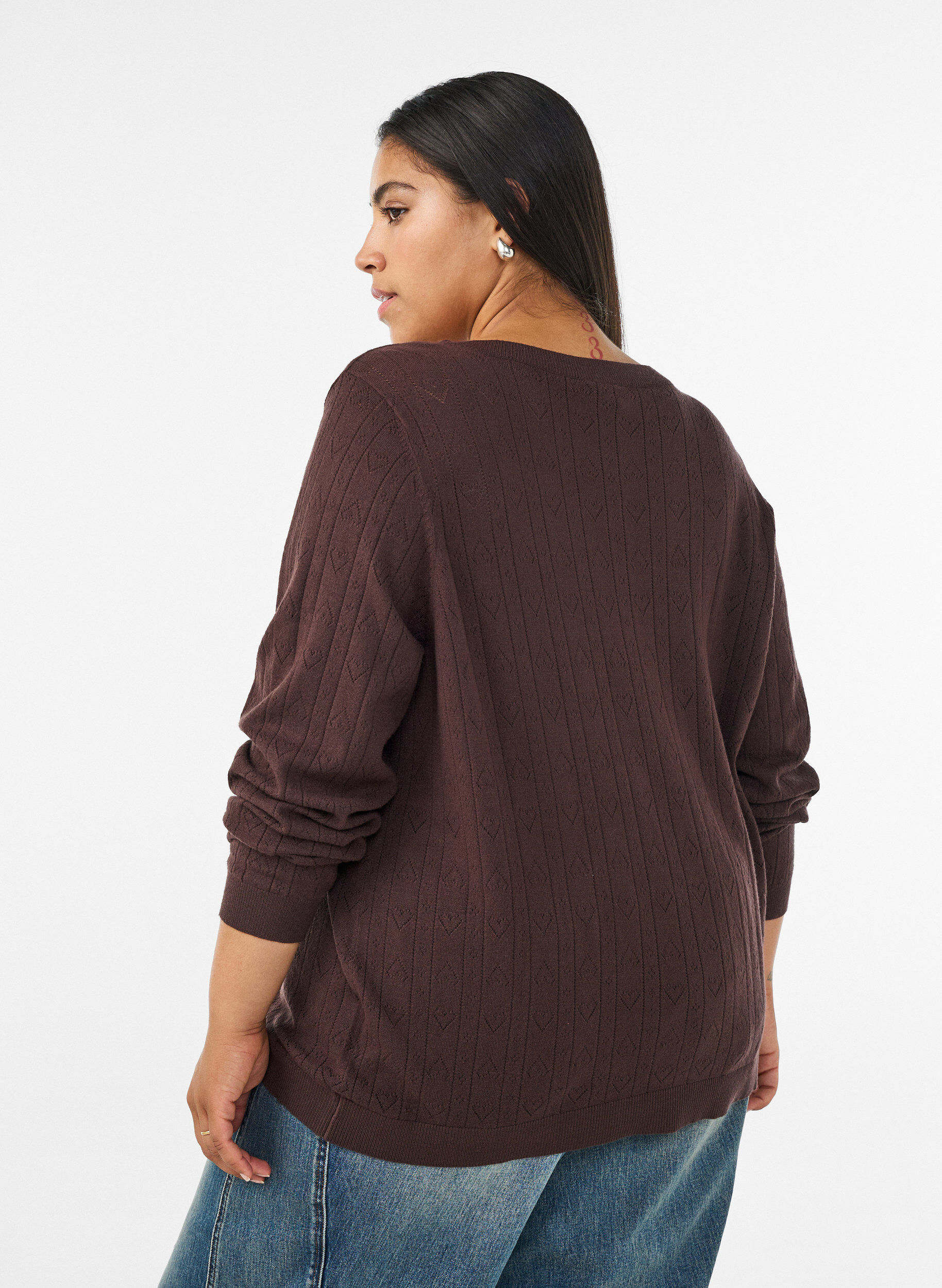 ZizzifashionKnitted cardigan with heart eyelet embroidery, Brown, Model image number 2