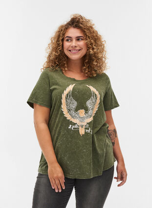 Cotton T-shirt with print, Ivy Green ACID WASH, Model image number 0