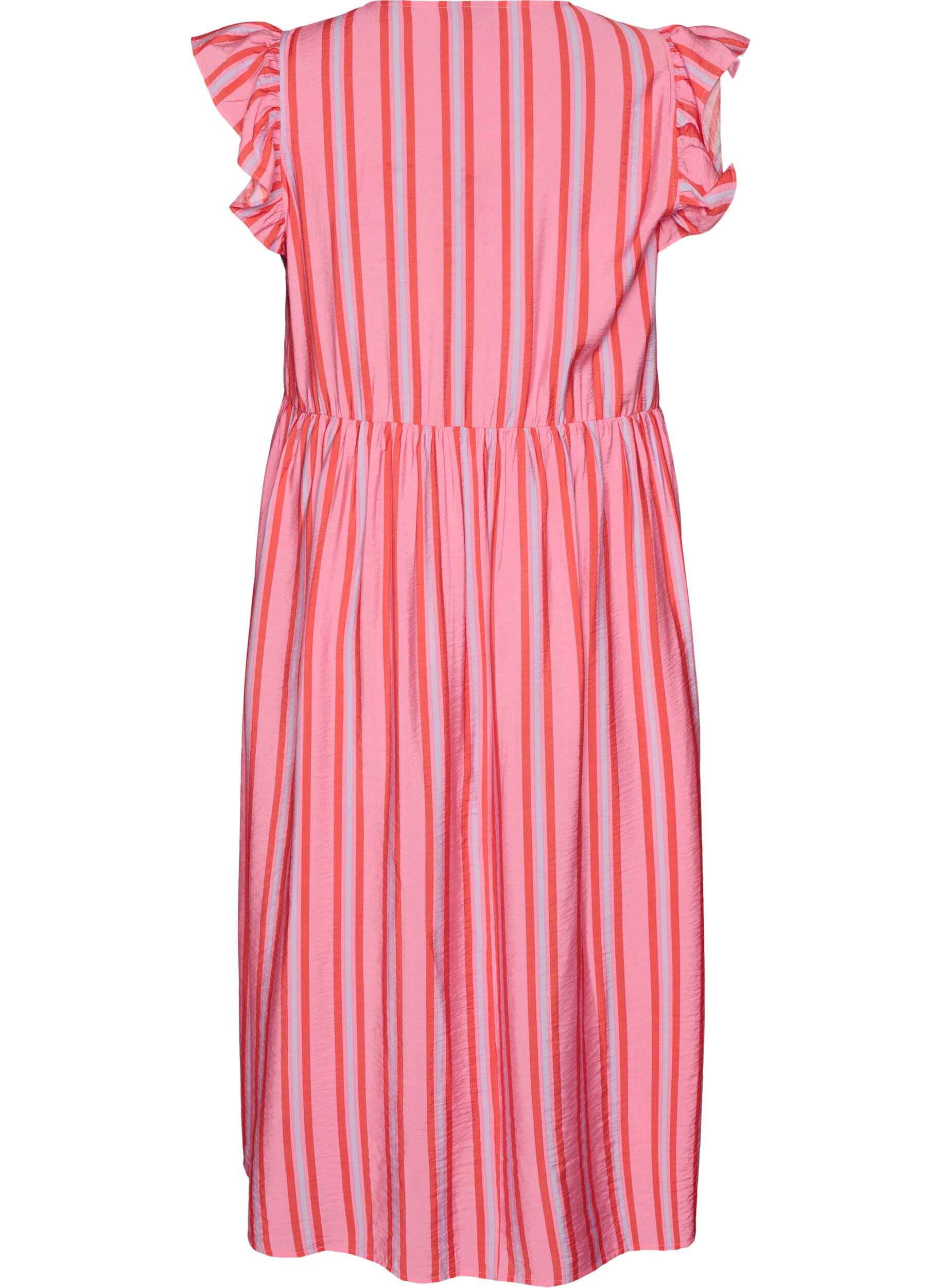 Zizzifashion Striped midi dress with an empire cut and ruffles, Pink, Packshot image number 1