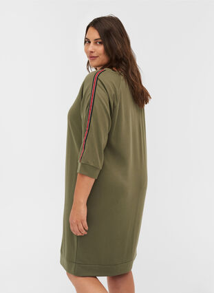 3/4 sleeve dress with track stripe, Dusty Olive, Model image number 1