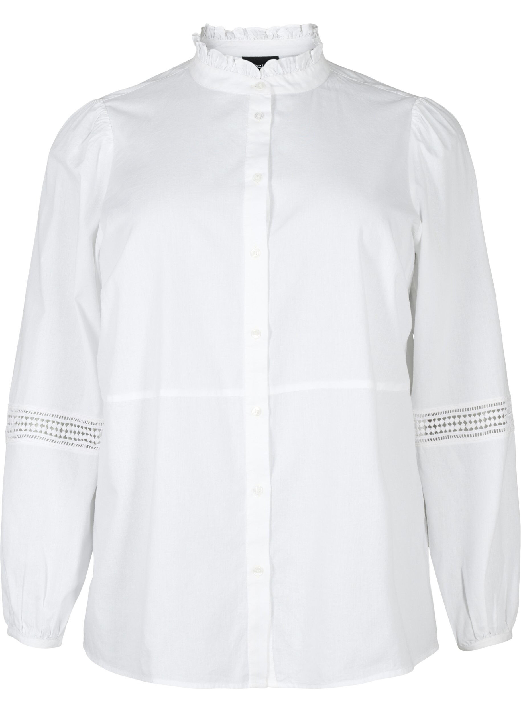 Zizzifashion Shirt blouse with ruffle collar and crochet band, Bright White, Packshot image number 0