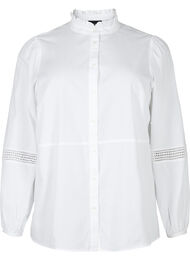 Shirt blouse with ruffle collar and crochet band, Bright White, Packshot