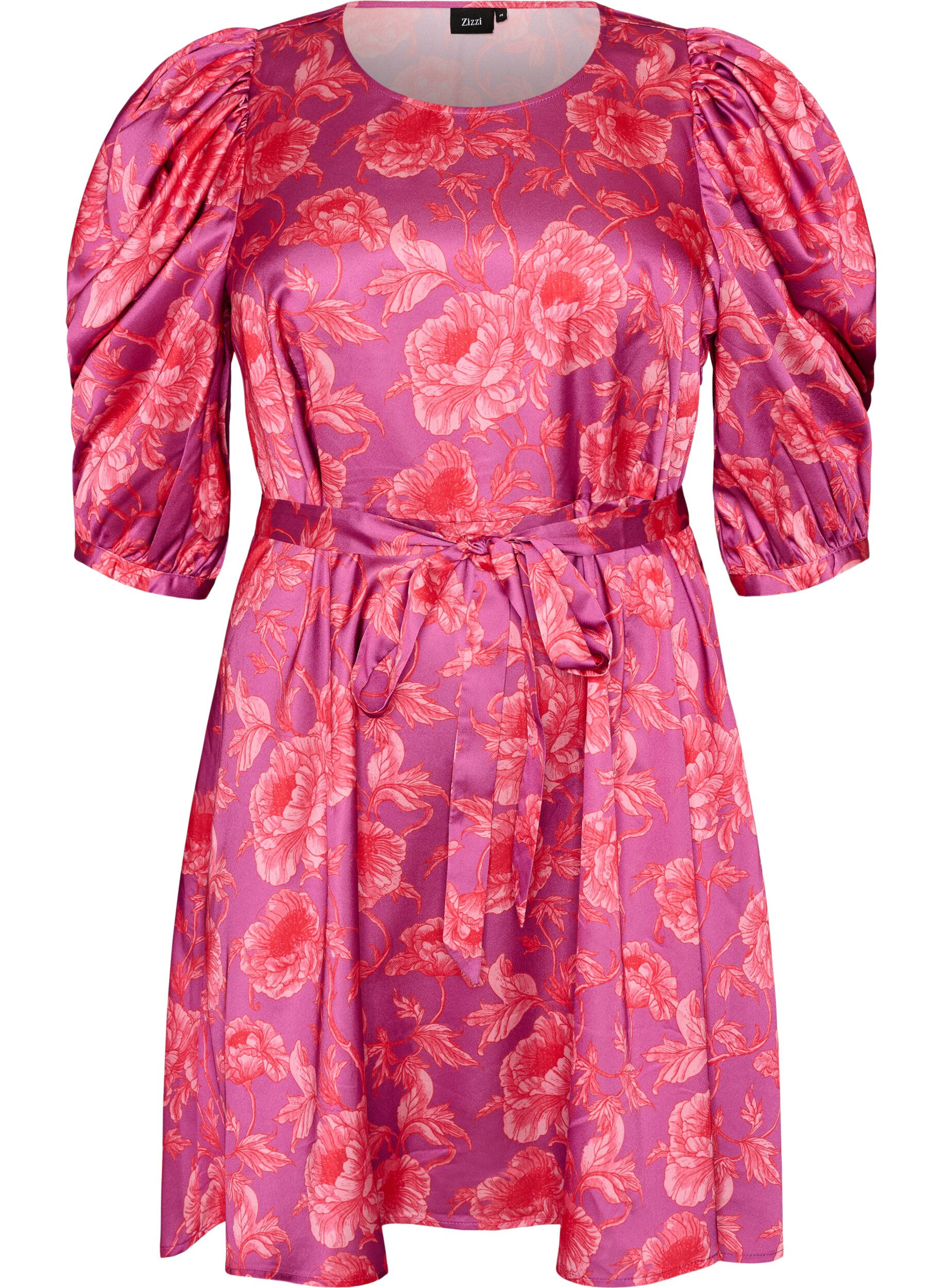 Zizzifashion Floral dress with puff sleeves and tie-belt, Pink, Packshot image number 0