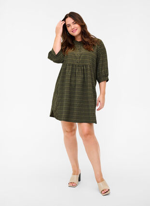 Checkered shirt tunic with 3/4 sleeves, Ivy Green Check, Model image number 2