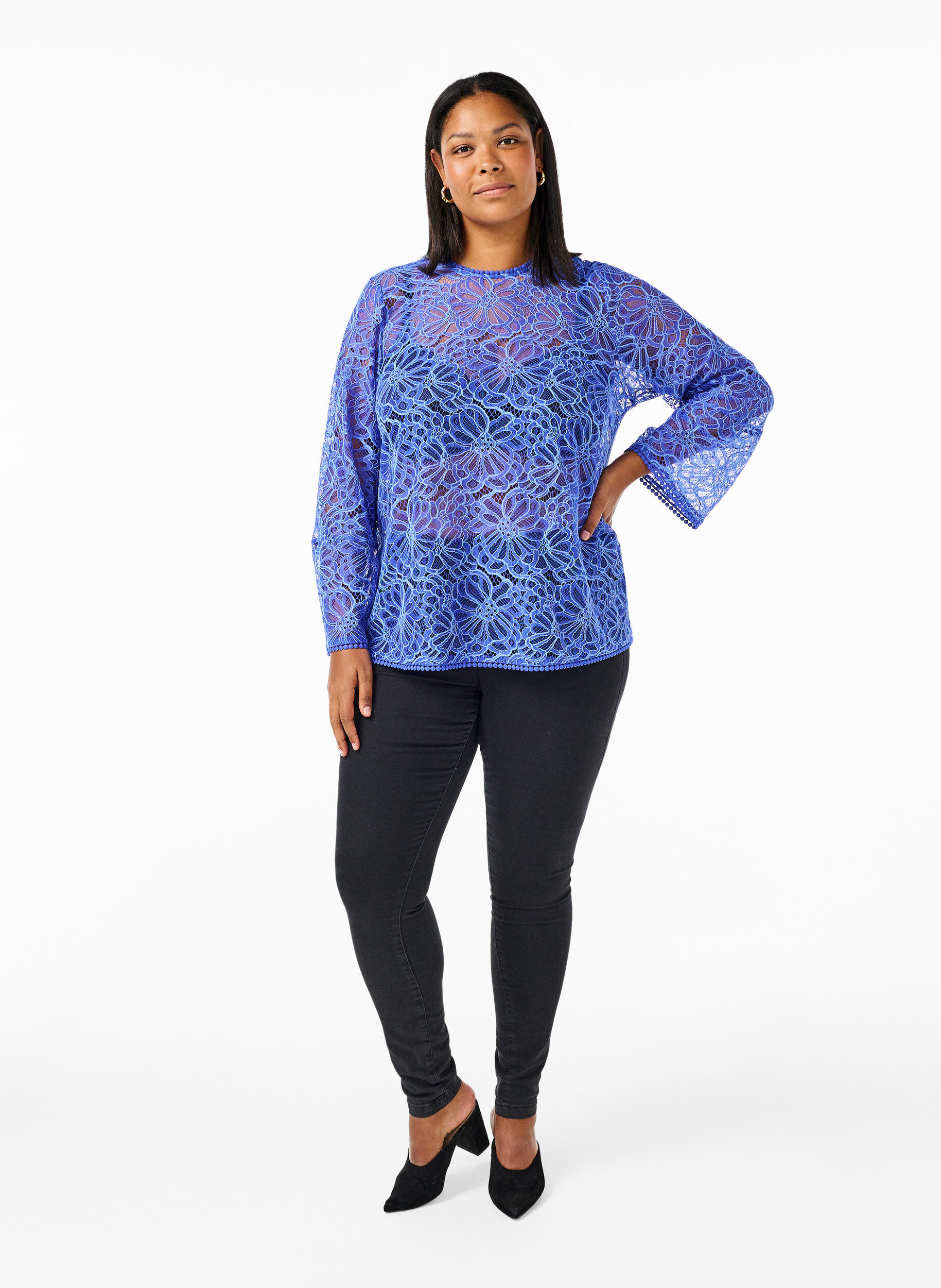 Zizzifashion Lace blouse with round neck and long sleeves, Blue, Model image number 1