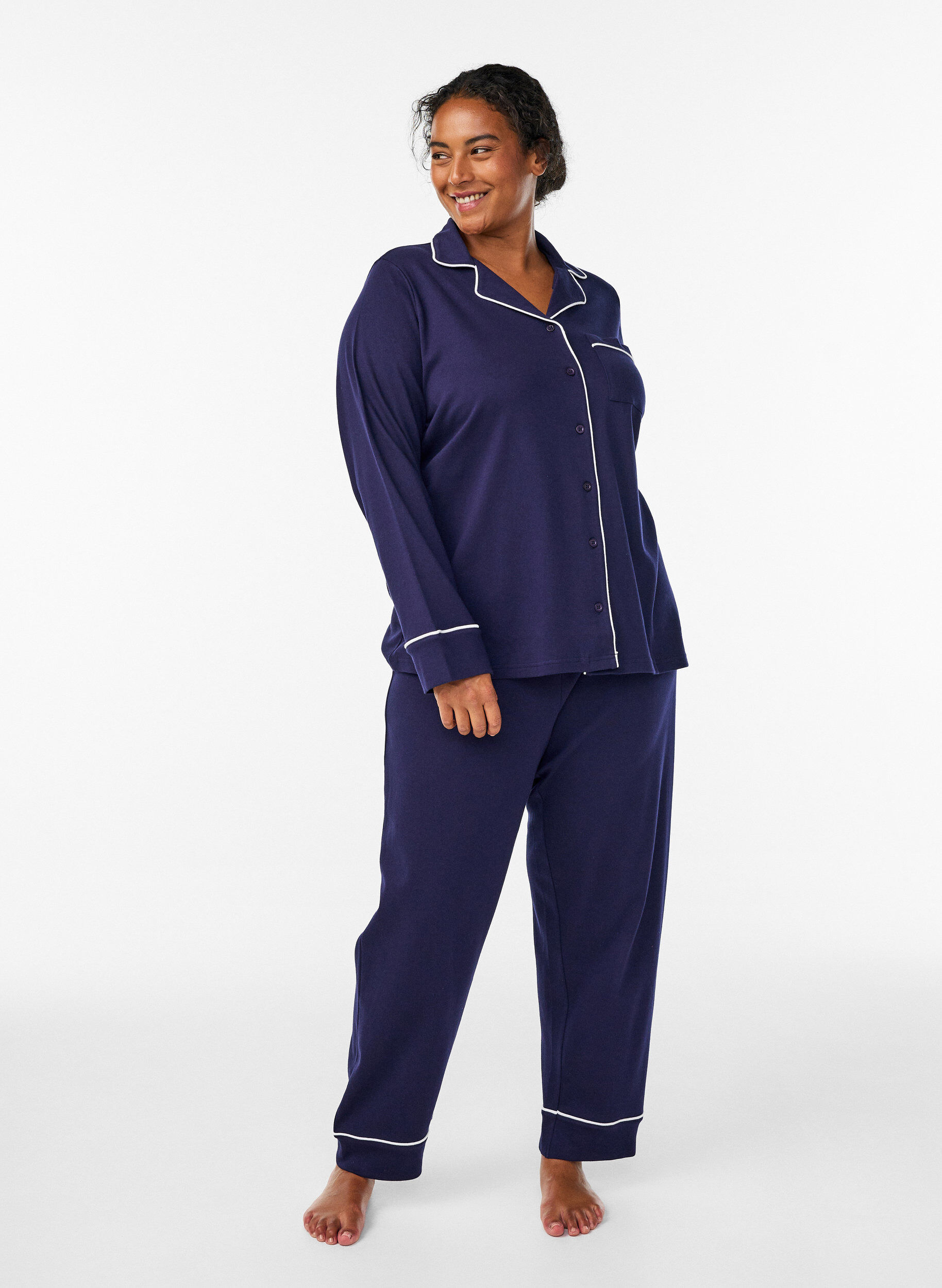 Cotton pyjama trousers with high waist, Blue, Model