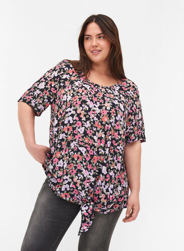 Short-sleeved viscose blouse with floral print, Flower AOP, Model image number 0