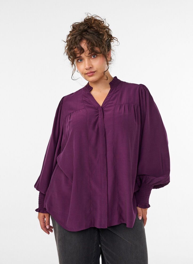 Blouse with ruffle collar and ruching, Purple, Model image number 0