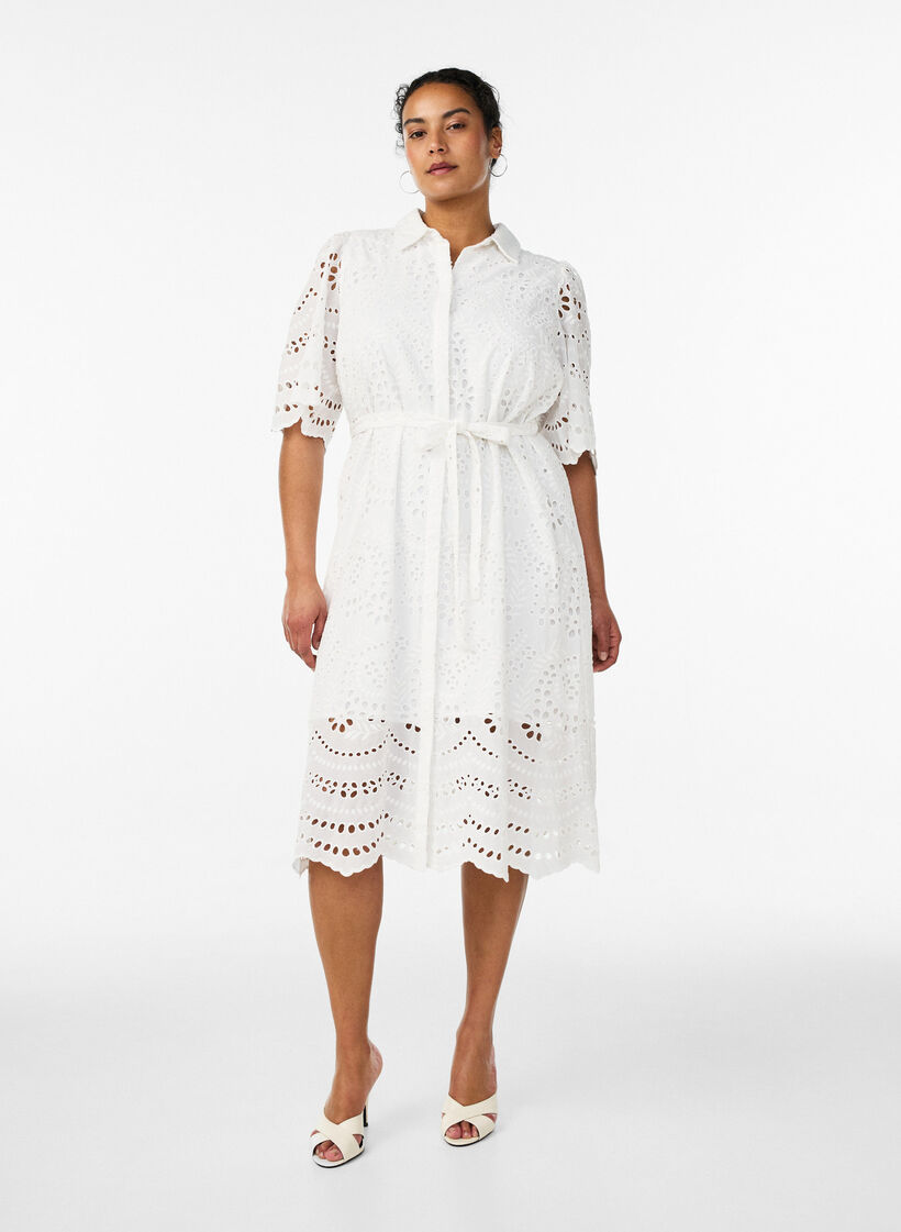 Shirt dress in broderie anglaise with a tie-belt, White, Model image number 1