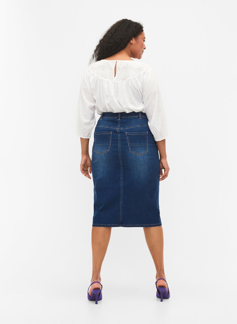 Denim midi skirt with slits, Blue, Model image number 2