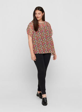Short-sleeved blouse with a floral print, Pink Flower AOP, Model image number 2