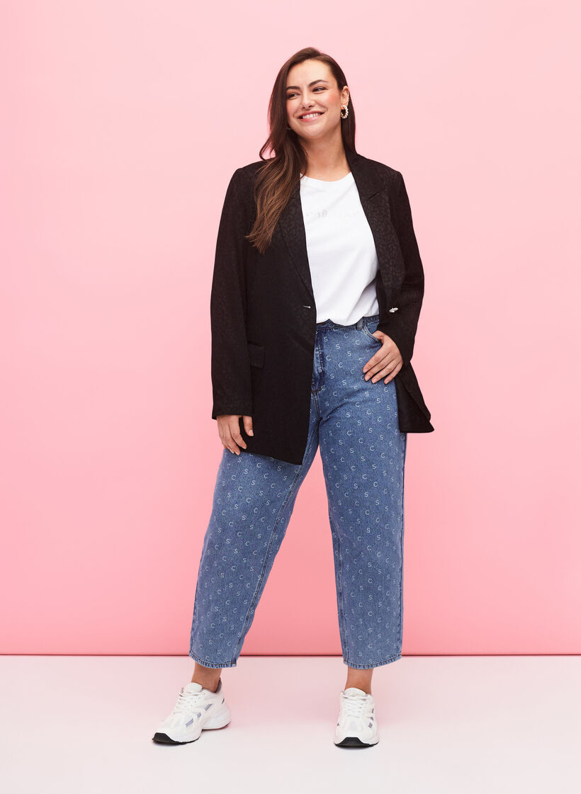 Cropped jeans with print and high waist, Blue denim, Model image number 0