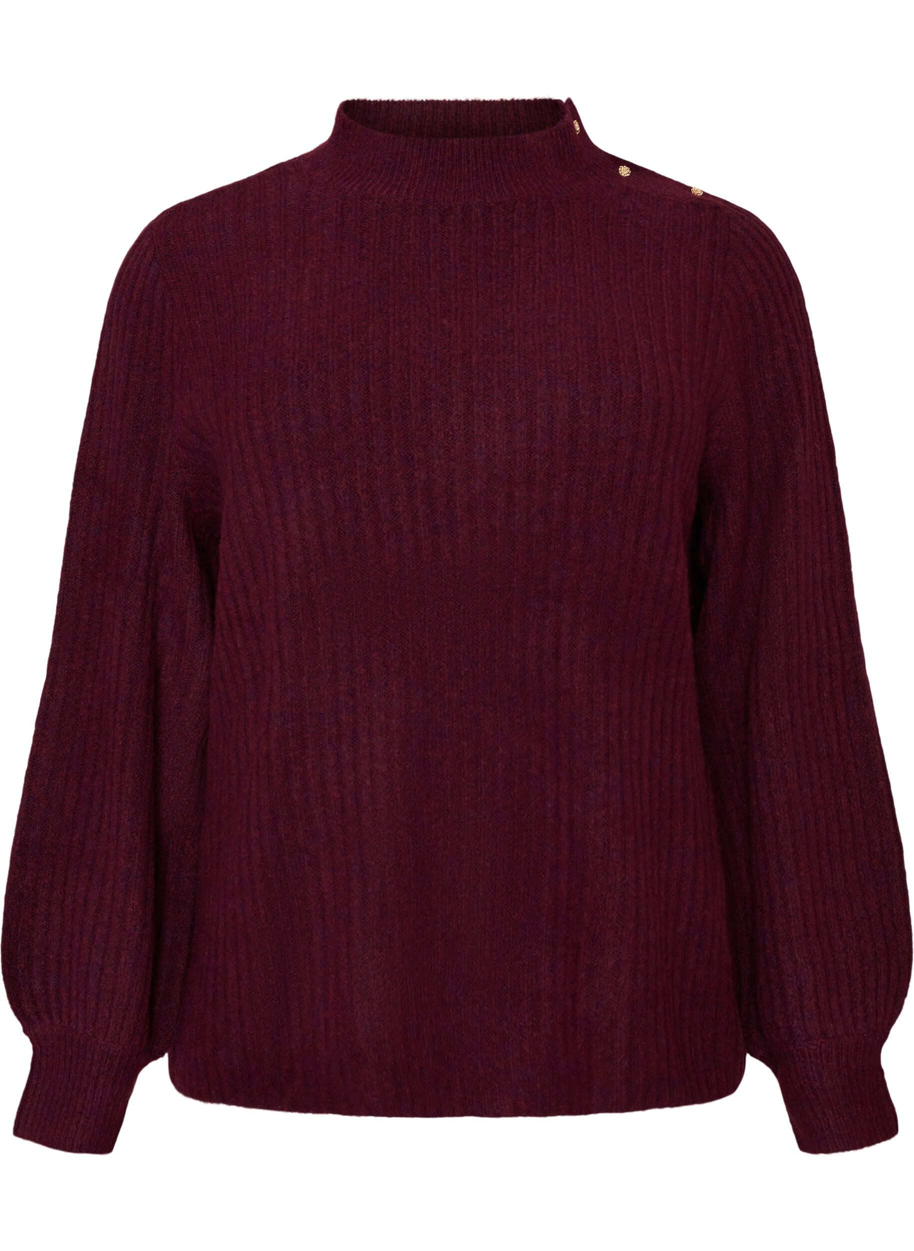ZizzifashionRibbed jumper with puff sleeves and buttons, Dark Bordeaux, Packshot image number 0