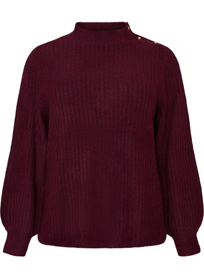 Ribbed jumper with puff sleeves and buttons, Dark Bordeaux, Packshot image number 0