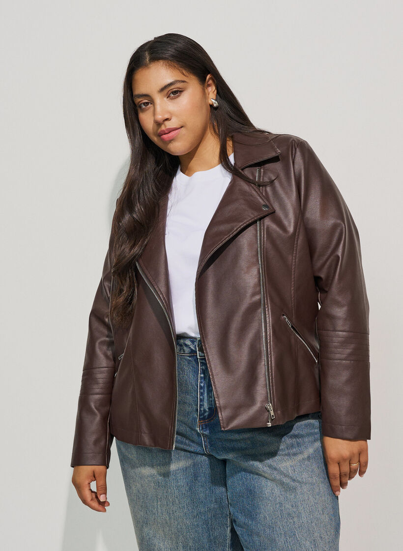 Biker jacket in faux leather, Brown, Model image number 3