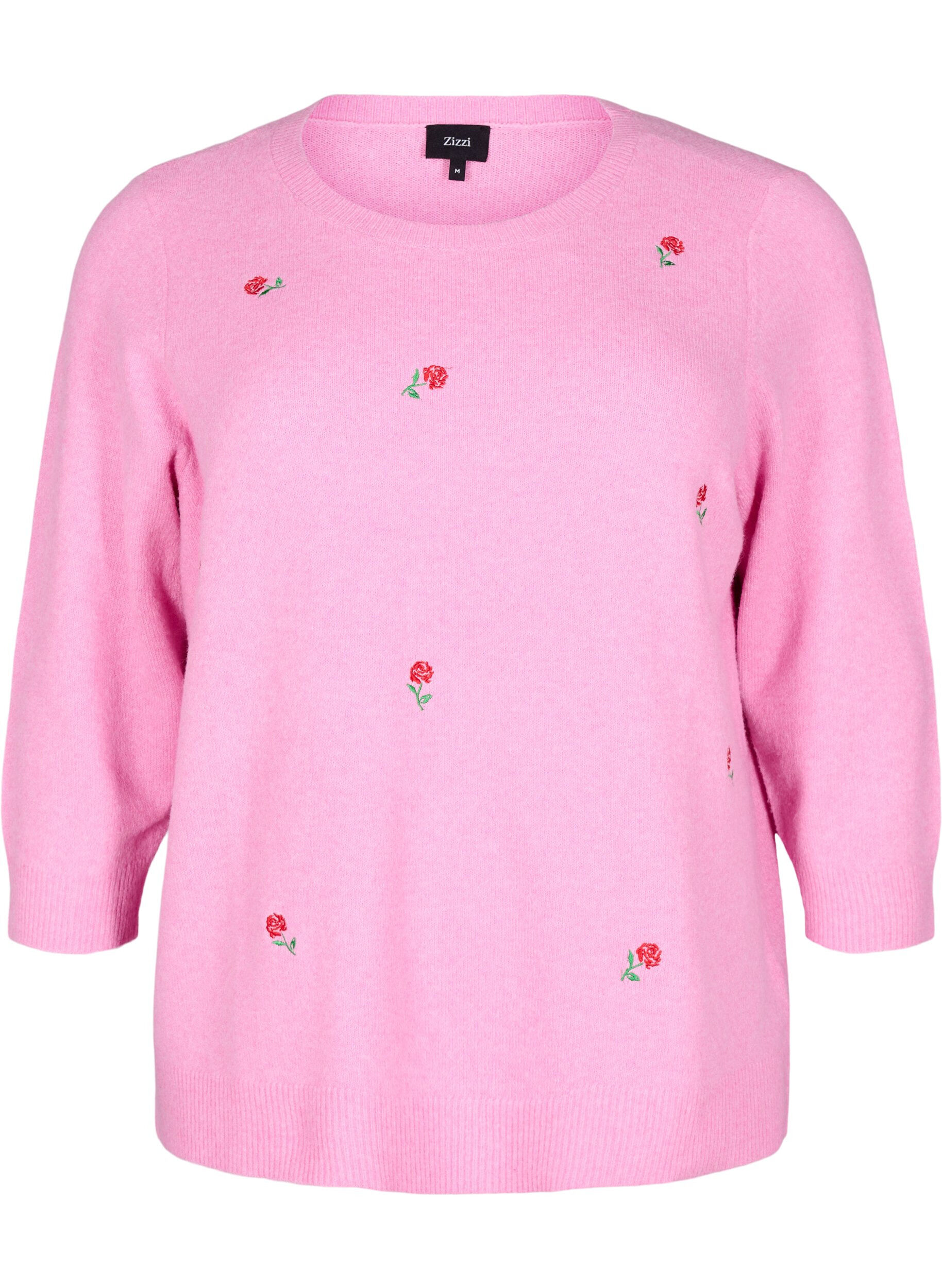Zizzifashion Knitted blouse with flowers and 3/4 sleeves, Begonia Pink Mel., Packshot image number 0