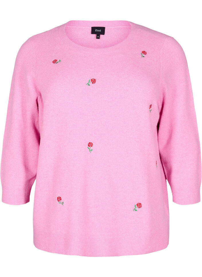 Knitted blouse with flowers and 3/4 sleeves, Begonia Pink Mel., Packshot image number 0