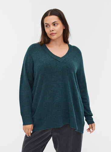 Knit blouse with V-sweater and ribbed trims, Reflecting Pond Mel., Model image number 0