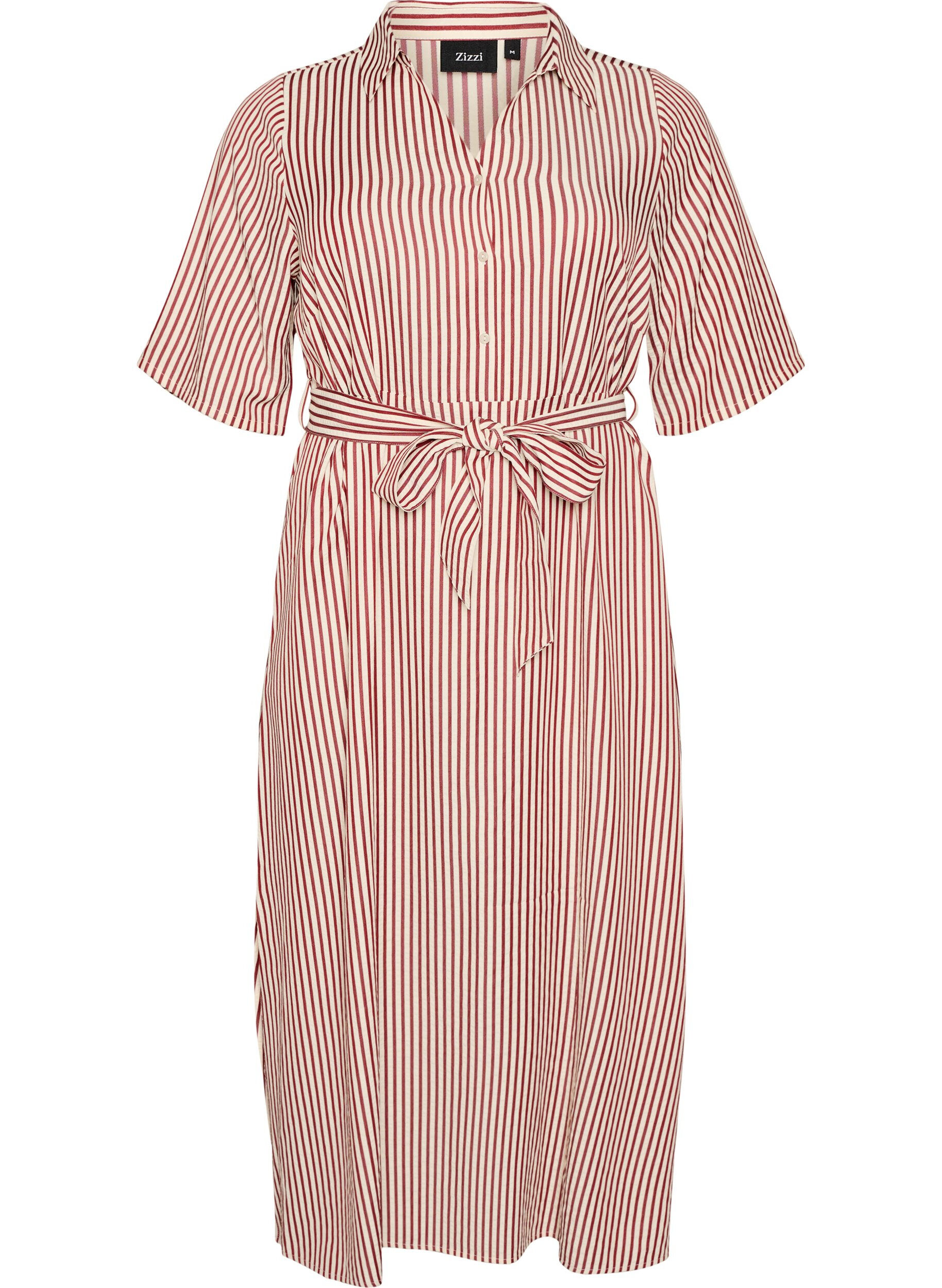 Ankle-length shirt dress with tie belt and stripes