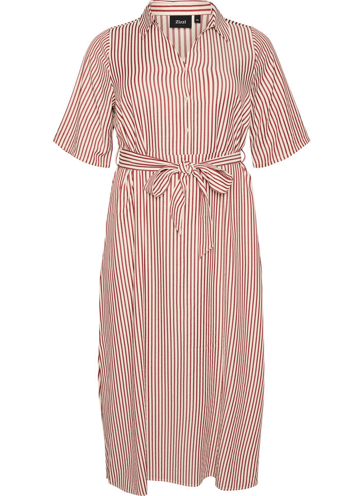 Ankle-length shirt dress with tie belt and stripes, Red, Packshot image number 0