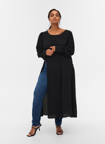 Long viscose blouse with high slit, Black, Model image number 0